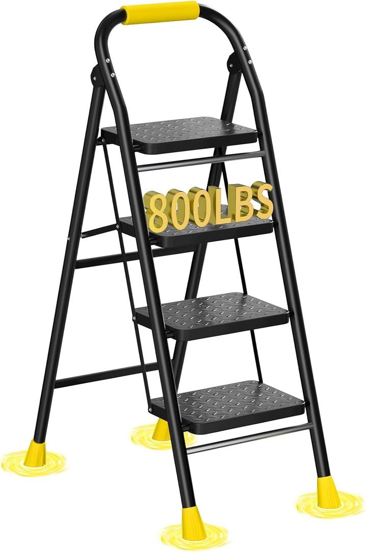 4 Step Ladder, Foldable Step Stool with Wide Anti-Slip Pedal & Thick Rubber Feet, Cushioned Handle, Safe-Lock Design, Folding Portable Ladder for Multi-Purpose, 800lb, Black Yellow