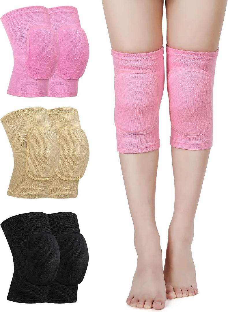 Eurzom 3 Pairs Dance Knee Pads Women Protective Non-Slip Knee Pads for Yoga Cheerleading Pole Floor Dance Volleyball, M, Black, Skin, Pink