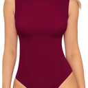 MANGOPOP Tank Top Bodysuit for Women Double Lined Thong Mock Turtle Neck Sleeveless Sexy Body Suit (Large, 02 Sleeveless Burgundy)