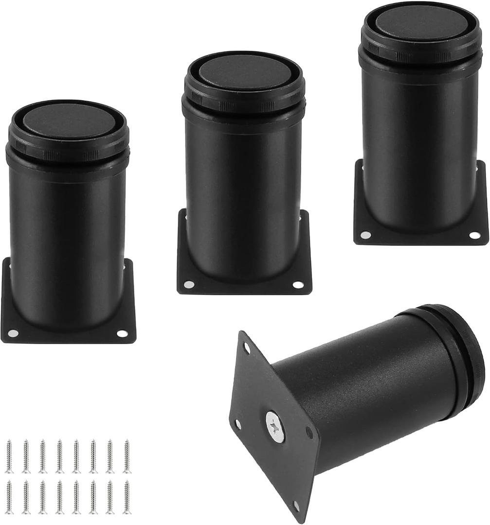 Set of 4 Stainless Steel Furniture Legs 3 Inch, Adjustable Round Cabinet Legs 2" Dia Kitchen Feet, Metal Replacement Legs for Cabinet Sofa Couch Shelves Table (Black)