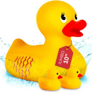 ArtCreativity Jumbo Rubber Ducky Bath Toy - 10 Inch Giant Rubber Duck with 2 Mini Duckies - Classic Large Rubber Duck for Fun-Filled Baths - Bath Toys for Kids Ages 3 and Up
