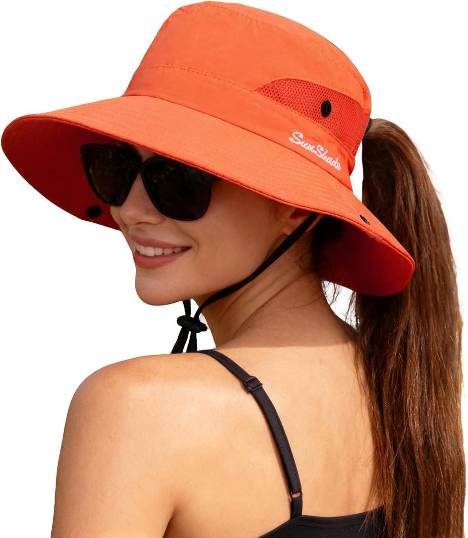 ZOORON Women's Ponytail Safari Sun Hat,Wide Brim UV Protection Outdoor Bucket Hat,Foldable Beach Summer Fishing Hat (6 3/4-6 7/8, 1- Pure Orange)