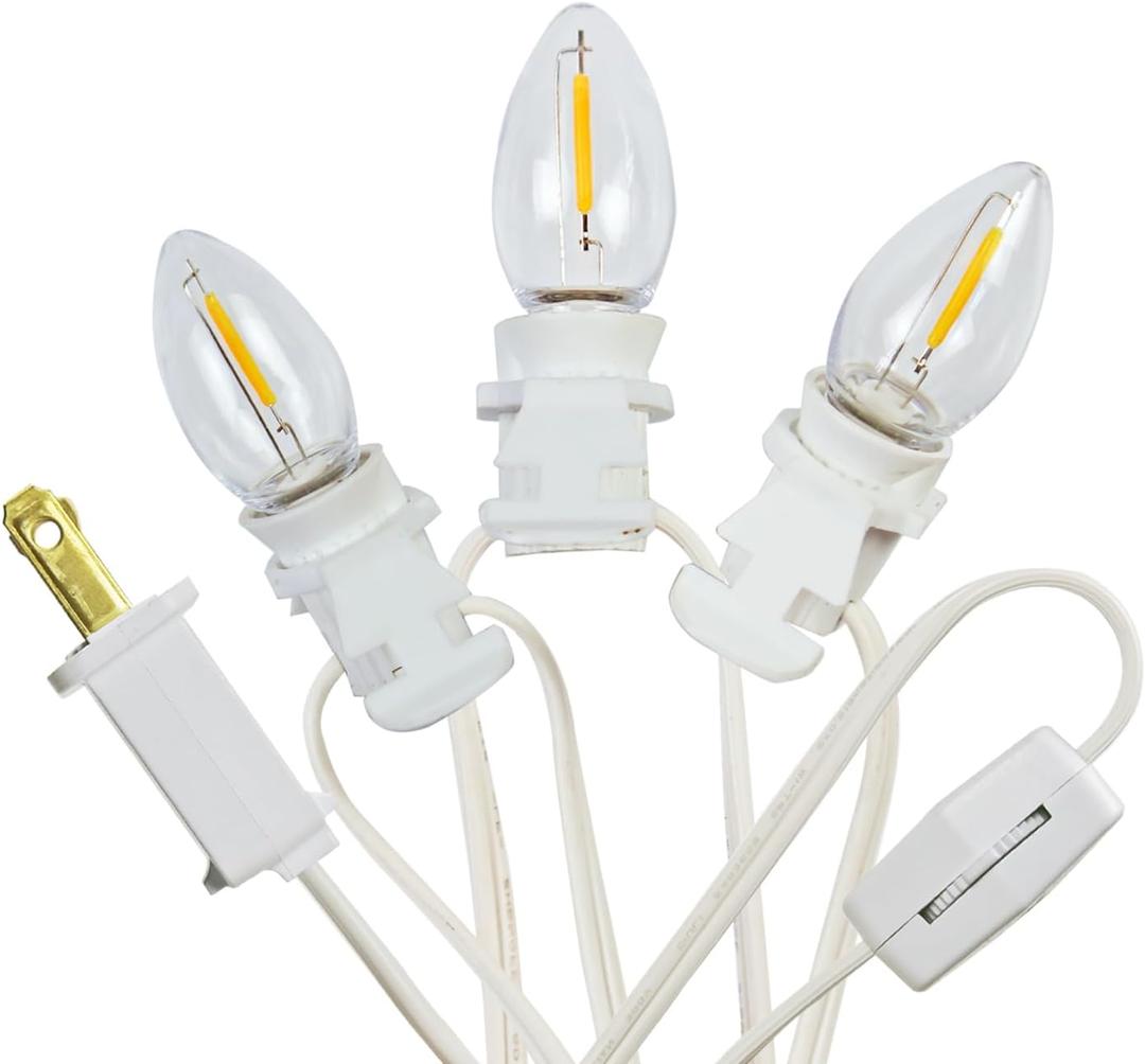 3 Base C7 String Bulbs Christmas Village Light Accessory Cord with 3 LED Light Bulb Universal Clip White Cord with On/Off Spare Fuse Switch Plugs for Decorations Christmas Village House