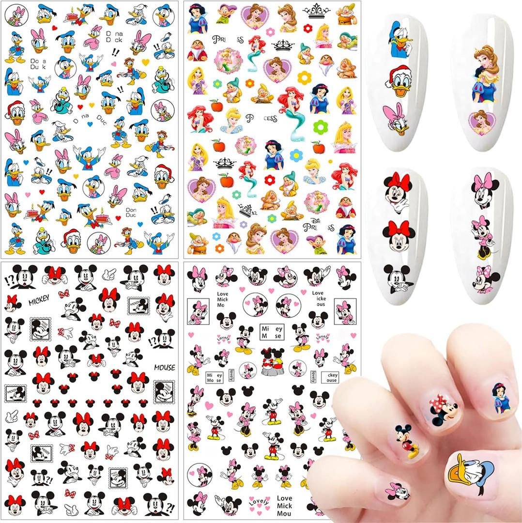 Cartoon Nail Art Stickers 3D Self-Adhesive Nail Decals Cute Nails Stickers Nail Art Supplies Designer Nails Sticker for Women Nails Art Decorations (4 Sheets)