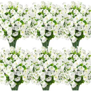 Ouddy Decor 24 Bundles Artificial Flowers for Outdoors Decoration Fake Silk Morning Glory Flowers Faux Eucalyptus Plants UV Resistant for Porch Patio Garden Spring Summer Home Decor, White