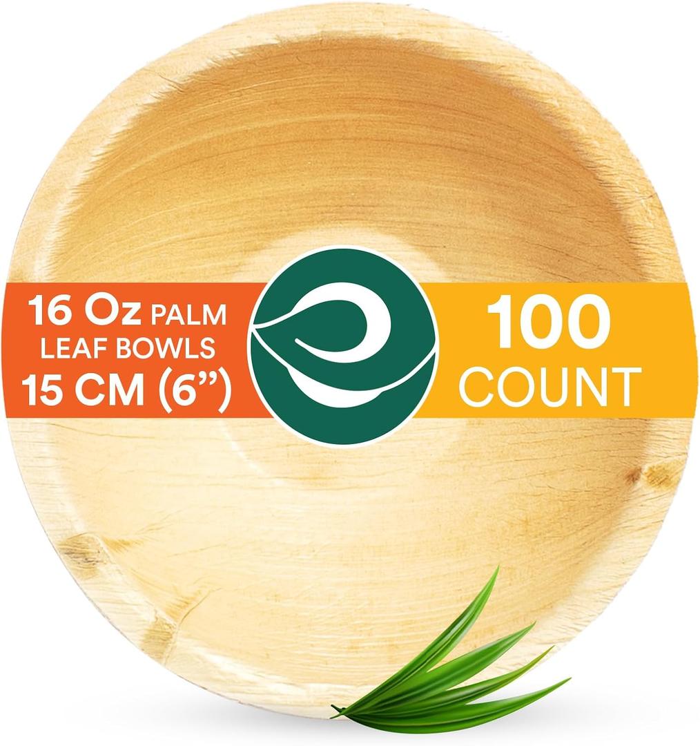 ECO SOUL 100% Compostable, Biodegradable, Disposable Palm Leaf Bowls, Like Bamboo Bowls, Eco-friendly | Sturdy, Microwave & Oven Safe (100, Large 6" (16 Oz) | Round)