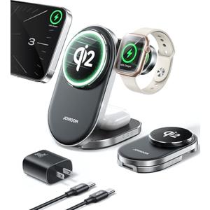 Qi2 3 in 1 Wireless Charging Station,JOYROOM 15W Fast Wireless Charger Stand for iPhone 16/15/14/13, Apple Watch, AirPods, Magnetic Foldable for MagSafe Charger for Multiple Devices (with 30w Adapter)