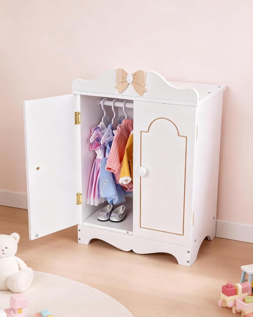 Wooden Baby Doll Closet for Accessories & Clothes, Storage Wardrobe for 16-Inch Dolls, Easy-Open Doors with Built-in Hanging Rod, Magnetic Closure, Includes 10 Hangers & DIY StickersNot Doll, 13.19 inches