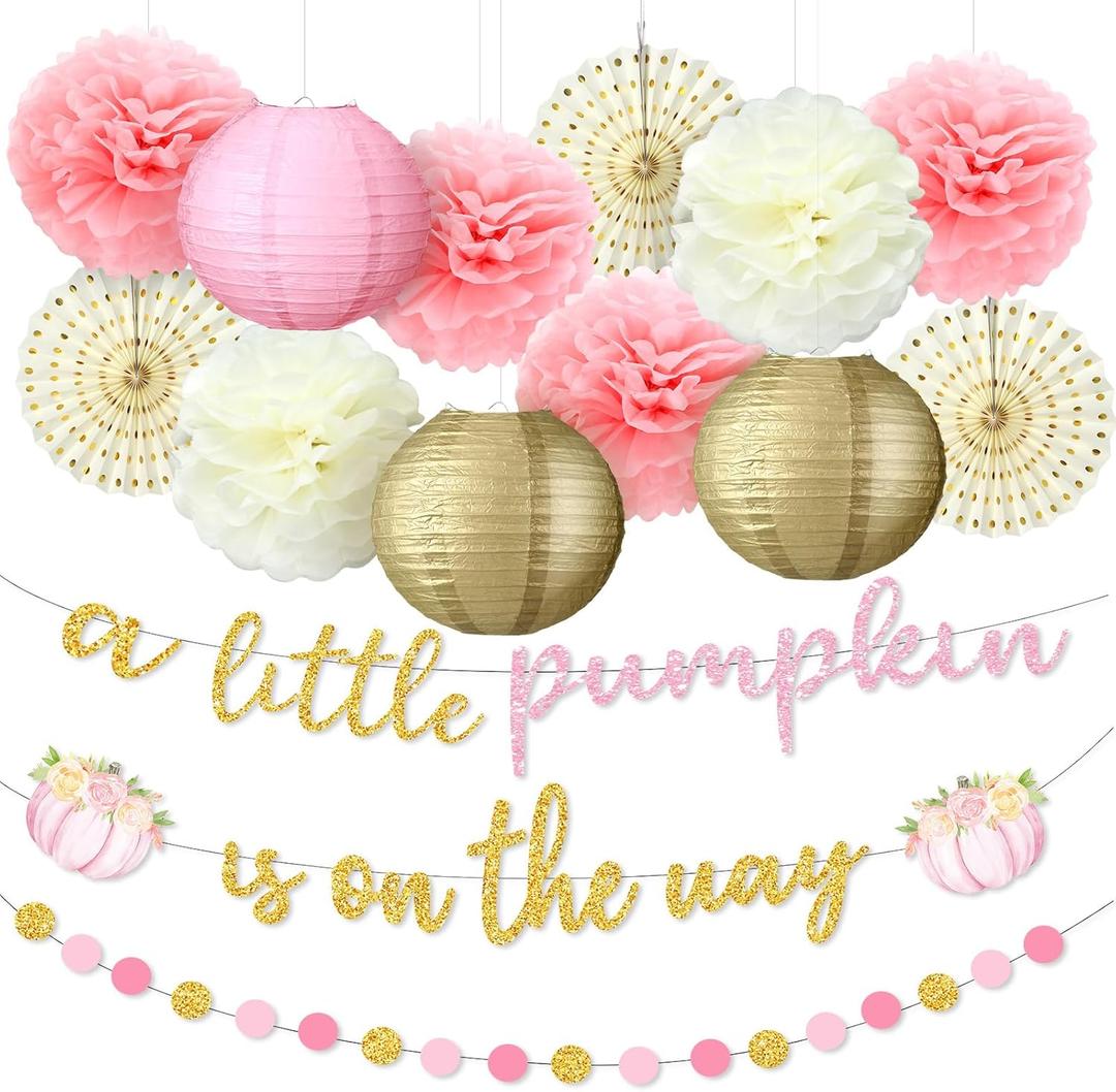 Pumpkin Fall Thanksgiving Baby Shower Decoration 15 Pcs a Little Pumpkin is on The Way Banner Tissue Pom Poms Paper Lantern Fan for Birthday Baby Shower Gender Reveal Party Decor(Pink)