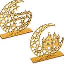 2 Pieces Wood Ramadan Decorations Islamic Eid Mubarak Kareem Table Sign Moon Hollow Star Ornament for Muslim Party Tabletop Decor Home Art Craft Decoration Golden Moon