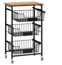 4-Tier Small Kitchen Storage Cart on Wheels, Metal Fruit Basket Stand with Pull-Out Baskets & Wood Top for Potato Onion Produce Snack Veggies