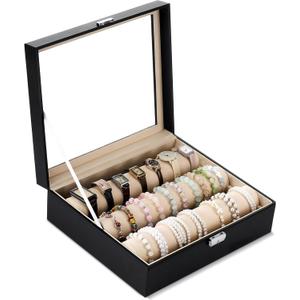 Nosiny Bracelet Display Holder with 3 Removable Rolls Bangle Organizer Display Clear Lid Bracelet Organizer Box Jewelry Storage Case for Women Retail Bracelets Watch Stores(Black,PU Leather) (11.810.23.7 Inches)