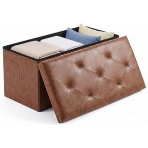 OLIXIS 30 Inch Folding Storage Ottoman Bench, Brown Ottoman with Storage | End of Bed Storage Bench with Foam Padded Seat, Synthetic Leather Storage Chest for Bedroom, Living Room, Loads 660 LB, Brown