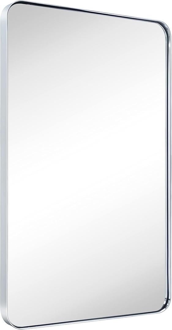 24x36'' Chrome Metal Framed Bathroom Mirror for Wall in Stainless Steel Rounded Rectangular Bathroom Vanity Mirrors Wall Mounted