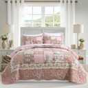 NEWLAKE Quilt Set Queen Size, Cotton Patchwork Pink Floral Quilt Sets, Real Stitched Embroidery Bedspread Lightweight and Breathable for All Seasons, Soft Quilted with 2 Pillow Shams