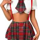 5 Piece Cosplay Costumes For Women,Halloween Lingerie Outfits,Tie Crop Top & Plaid Skirt Set (Small, Red)