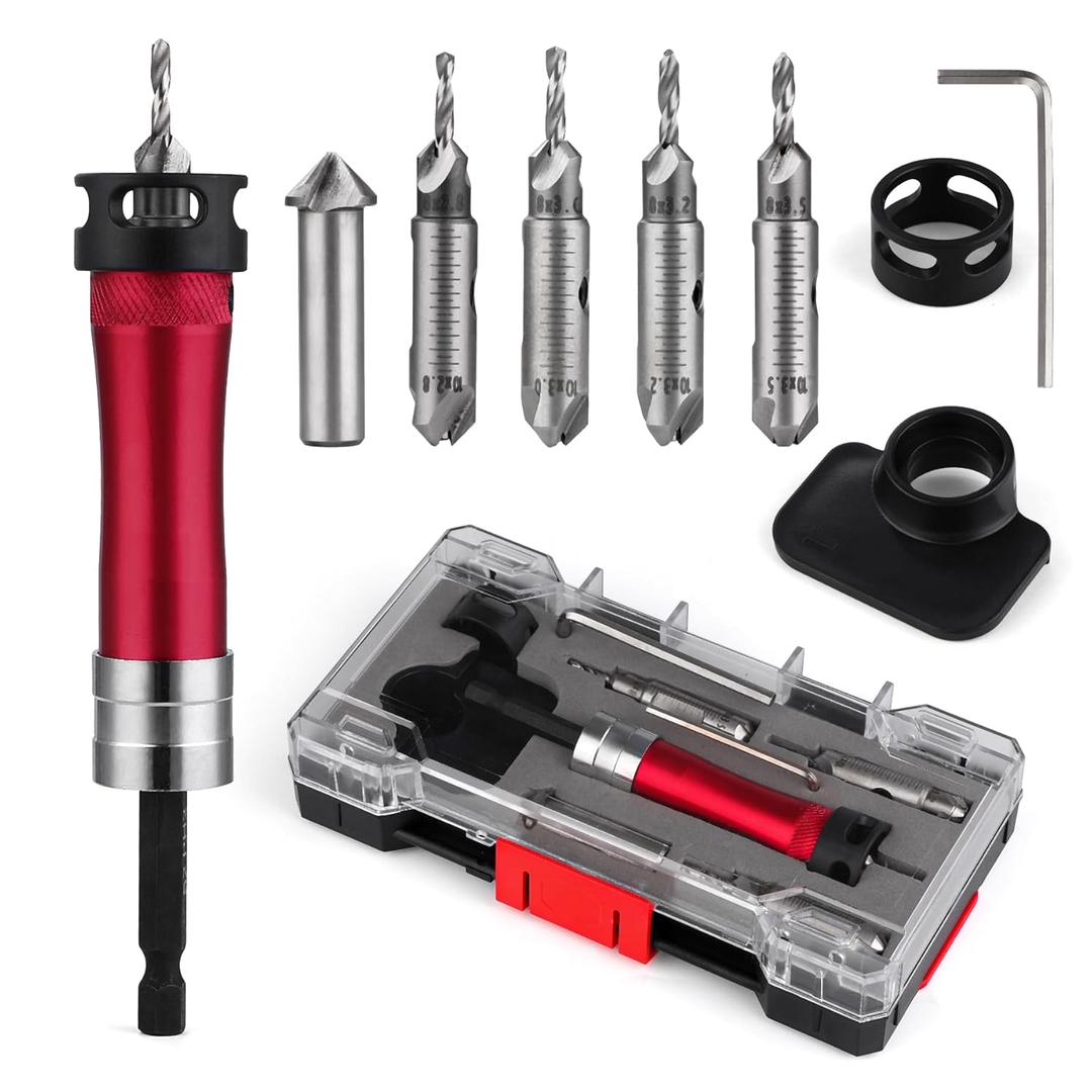 Metal Countersink Drill Bit Set 10-in-1 with Depth Stop, 4 Reversible Heads & Vertical Pilot Adjustable - Hex Shank & Phillips Bit for Hardened Steel/Woodworking, Hex Key & Chamfer Tool Includ