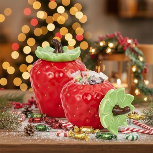 LemonRoad 1 Pack Ceramic Christmas Strawberry Jars with Sealed Lids, Large Candy Cookie Containers, Flower Vases for Thanksgiving, Christmas Party Decoration & Gifts, Cute Kitchen Decoration for Home