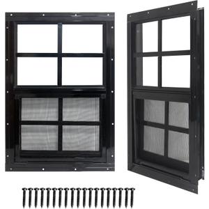Yuzzy 24" x 36" Shed Windows with Tempered Glass and Fiberglass Screen, 2 Pack Small Sliding Windows for Shed, Chicken Coop, Playhouse, Household, Garage, Barns (Black)