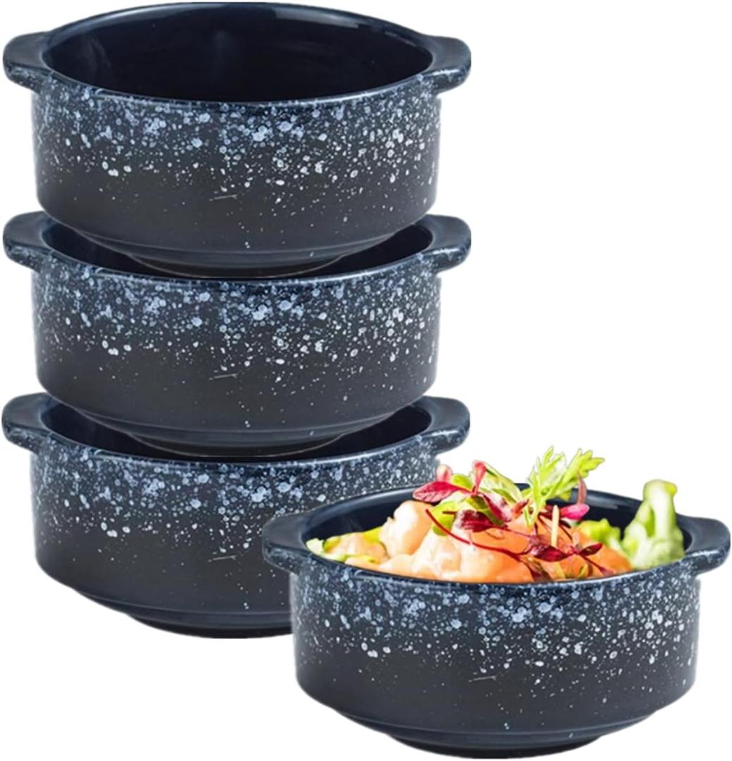 Ceramic Soup Bowls with Handles, Set of 4-10oz Microwave & Oven Safe Porcelain Crocks for French Onion Soup, Chili, Pasta, (Set of 4, 5 Inch, Sea of Fog)