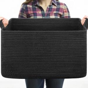 Large Blanket Basket, Black Blanket Storage Living Room, Rectangle Woven Baskets for Storage Toys, Towels, Dirty Clothes Organizer Bins (Black) (19.7"x15.8"x11.8")