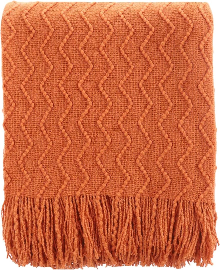 BATTILO HOME Burnt Orange Throw Blanket for Couch, Decorative Fall Throw Blanket with Tassels Halloween Throw Fall Decor, 50"x60"
