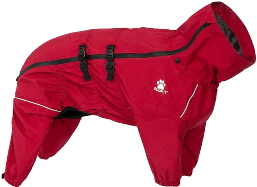 Dog Raincoat, Waterproof Winter Coat with Reflective Tape and Leash Holes, Lightweight &Windproof Jacket with Elasticized Belly and Cuff Designs,Red Dog Raincoat with Side Zipper