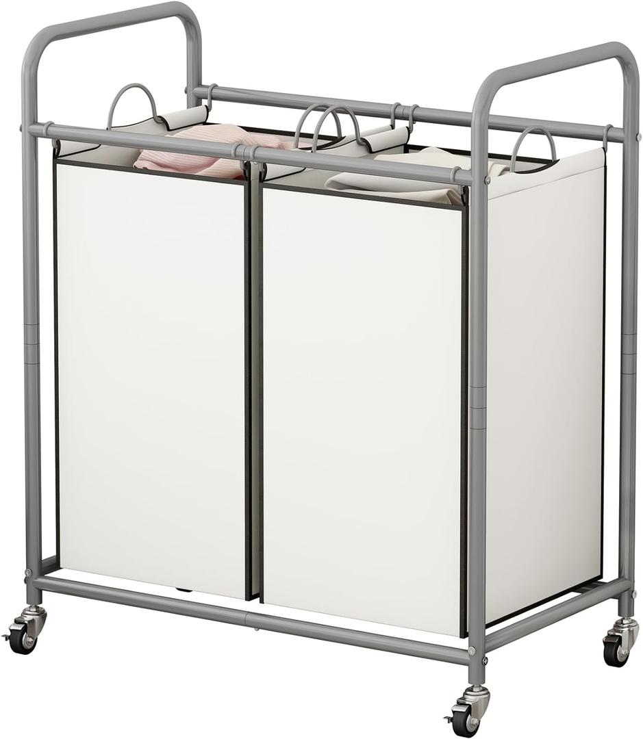 SUOERNUO Laundry Sorter Basket 2 Bag Laundry Hamper Cart with Rolling Removable Bags Laundry Organizer Cart for Clothes Storage, Beige (2 Bags, Beige)
