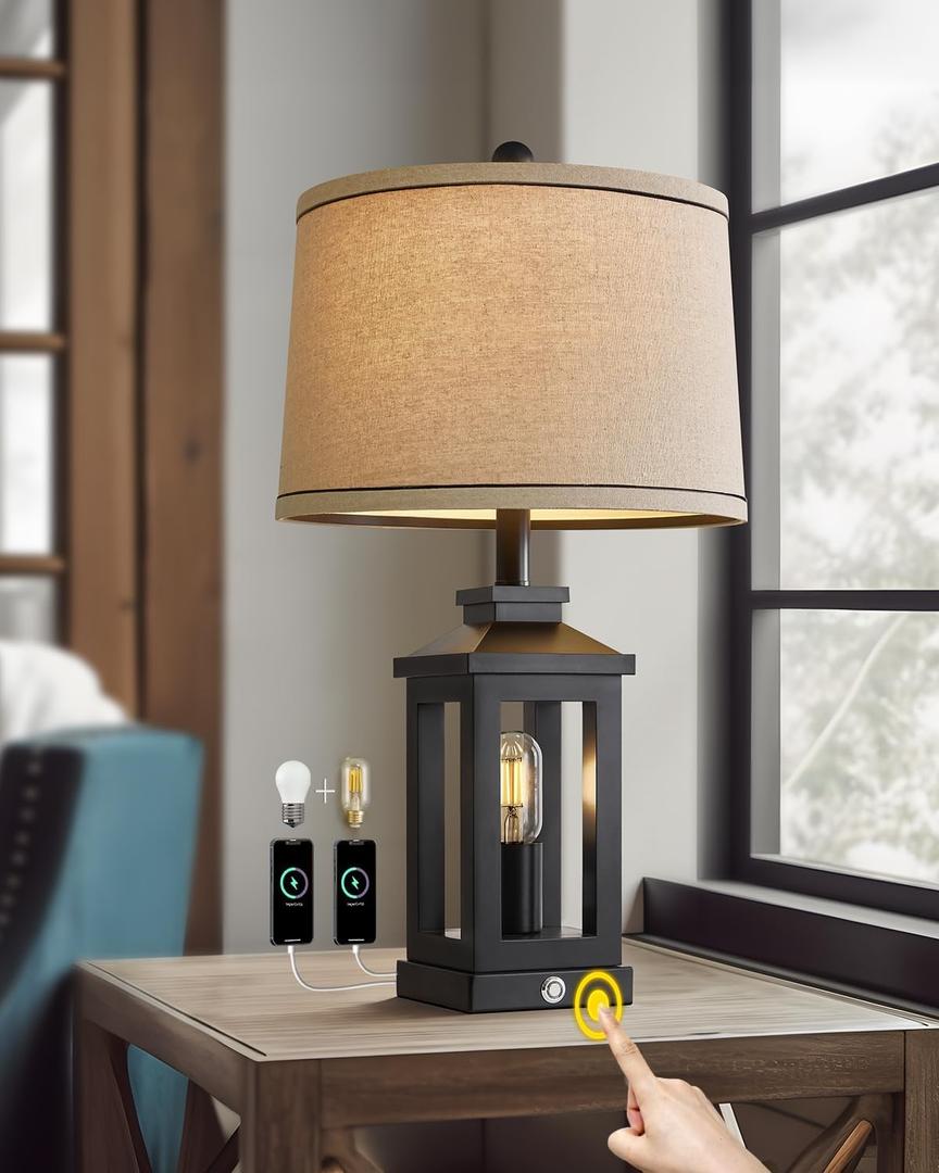 G-SAFAVA 23.75" Retro Farmhouse Black Table Lamp for Living Room Bedroom Nightstand Single Pack Touch Control Bedside Nightlight Vintage Modern Lamp with USB C+A Ports and 2 Light Sources