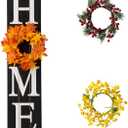 Glitzhome Wooden Welcome Home Porch Sign with Interchangeable Wreaths for Front Door, Vertical Farmhouse Standing Home Sign, Hanging Wall Sign for Year Spring Fall Thanksgiving Christmas, 42H, Black