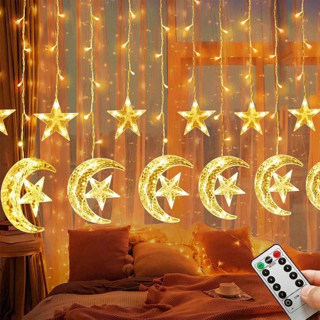 Homeleo Ramadan Decorations for Home,138 LED Upgraded Extra Large Star Moon Curtain Lights for Kids Bedroom Decor,USB Powered 8 Modes Remote LED Fairy Lights for Ramadan Window Wedding Christmas Decor