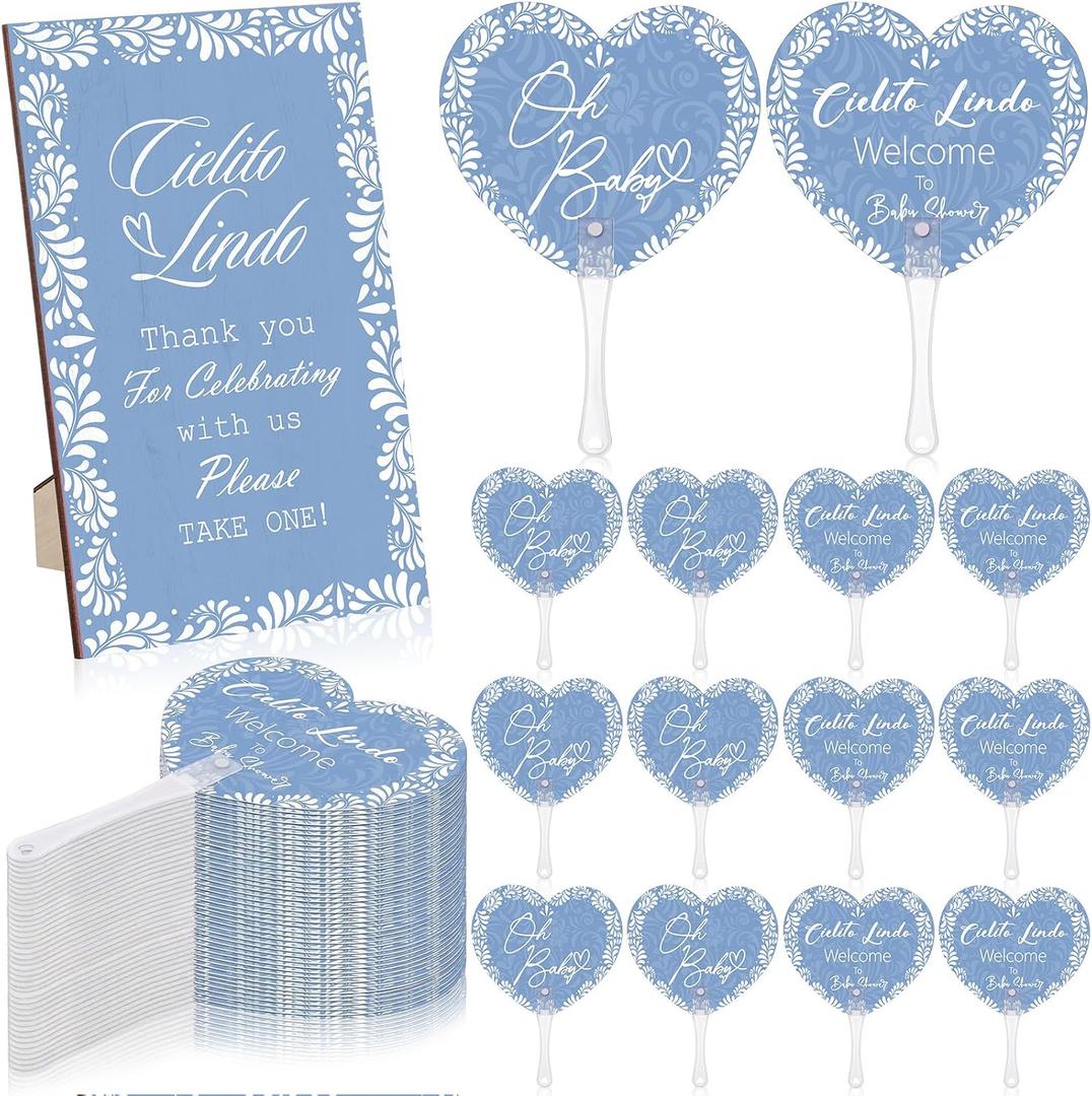 Threehoney 51 Pcs Cielito Lindo Baby Shower Fan Favors for Guests 50 Heart Shape Plastic Oh Baby Handheld Fans 1 Wooden Mexican Talavera Table Welcome Sign Party Decorations Gifts Supplies(Blue)