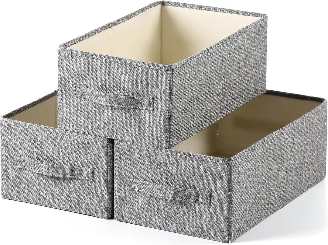 Linen Folding Storage Bins, 3 Pack Large Storage Baskets, Washable, Clothing Storage Bins with Handle, Closet Organizer for Storage Sweater,Sheets(dark grey, 16"x9"x6")