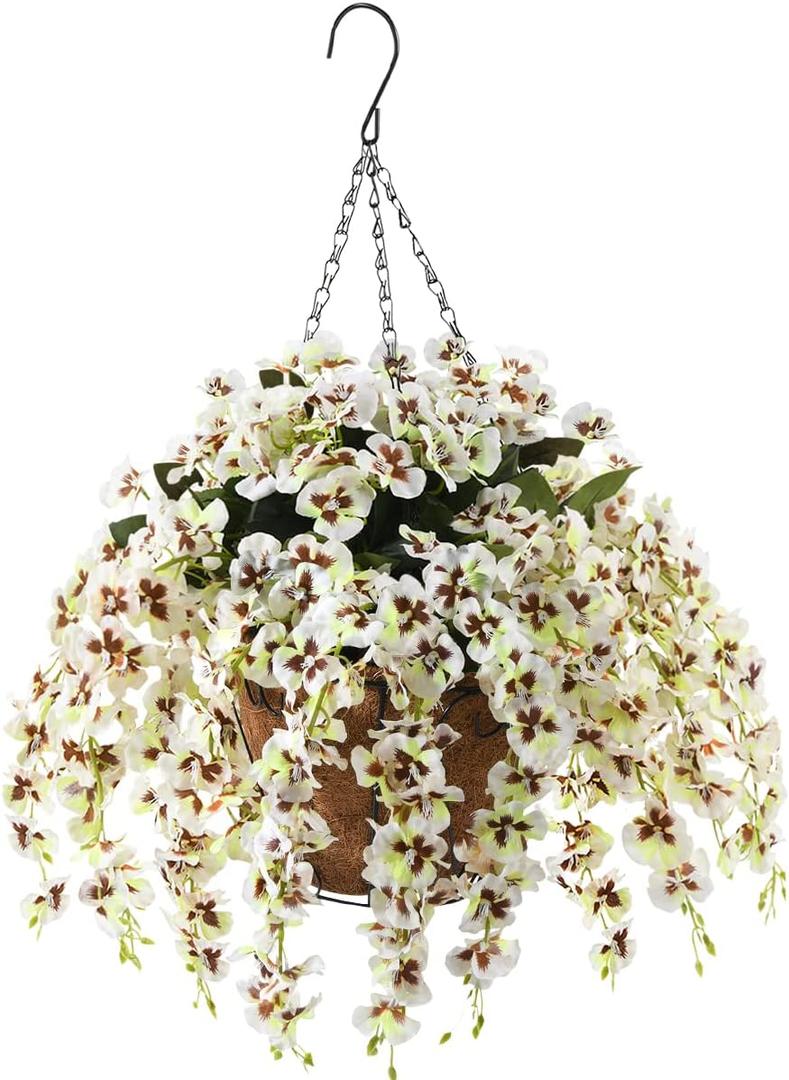 Artificial Silk Flowers in Hanging Basket Outdoor Indoor Patio Lawn Corridor Garden Decor, Fake Hanging Orchid in Basket, Hanging Orchid with 10-inch Coconut Lining Chain Palm Flowerpot(White)