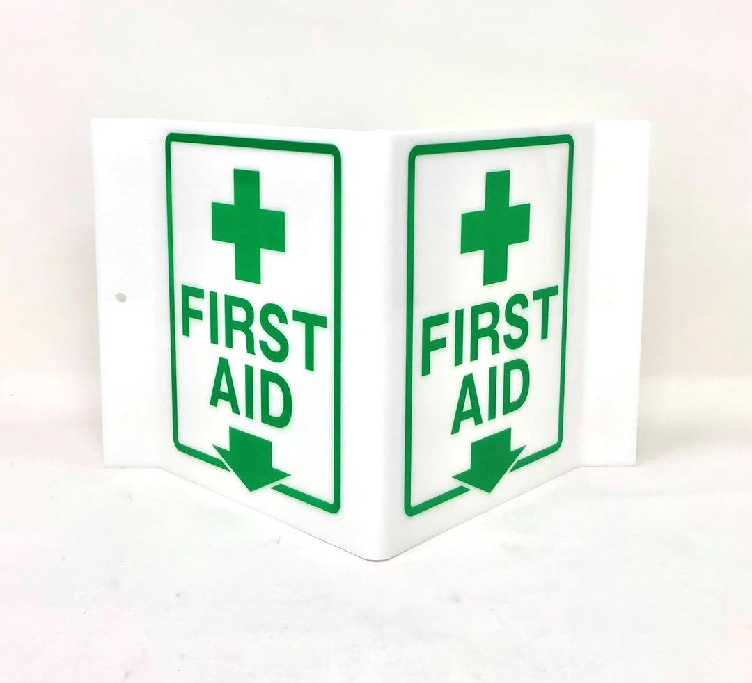 9" Width x 6" Height x 4" Depth Acrylic, Green on White Standard FIRST AID "V" Sign