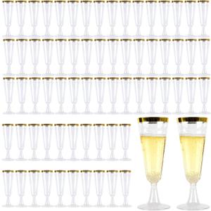 100 Pack Plastic Champagne Flutes, 5 Oz Gold Rimmed Champagne Flutes, Clear Plastic Toasting Glasses for Mimosa Bar Engagement Birthday Wedding Graduation Decorations Party