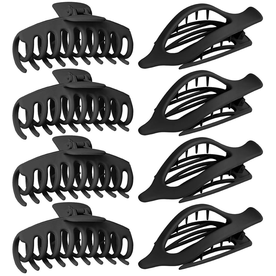 Flat Hair Claw Clips: 8 Pack 4.3 Inch Neutral Black Matte French Concord & Large Round Clip Set for Women with Thick/Thin Hair, Non-Slip Extra Hold Jaw Clips for Lay Down/Drive/Daily Use