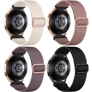 DaQin 4 Pack Stretchy Nylon Solo Loop Bands Compatible with Samsung Galaxy Watch 7 6 5 4 Band 40mm 44mm, Galaxy Watch 5 Pro/Watch 6 4 Classic Band/Active 2,20mm Soft Sport Band for Samsung Watch Bands (Black/Starlight/Pink/Smoke Violet)