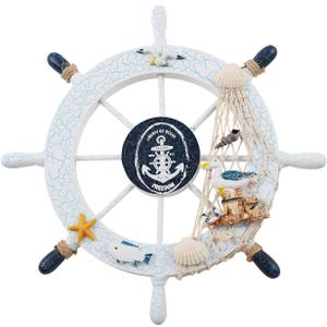 Boat Steering Wheel Decor - 11 Inch Wooden Rudder Wall Decoration Steering Wheel Beach Ornaments with Fishing Net Shell Seagull Patterns,Beach Theme Home Decor