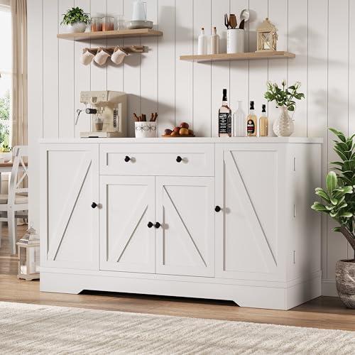 Jocoevol 55" Buffet Cabinet with Storage, Kitchen Buffet Sideboard with Pull-Out Shelves and Drawer, Wood Farmhouse Coffee Bar Cabinet with 4 Adjustable Shelves, Kitchen Pantry for Living Room, White - Buffets & Sideboards