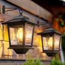 PASAMIC 2 Pack Solar Wall Lanterns, Outdoor Hanging Lights with 4 Solar Panels, Dusk to Dawn Led Outdoor Wall Sconce, Anti-Rust Waterproof Lanterns with Hooks, 3000K Warm White