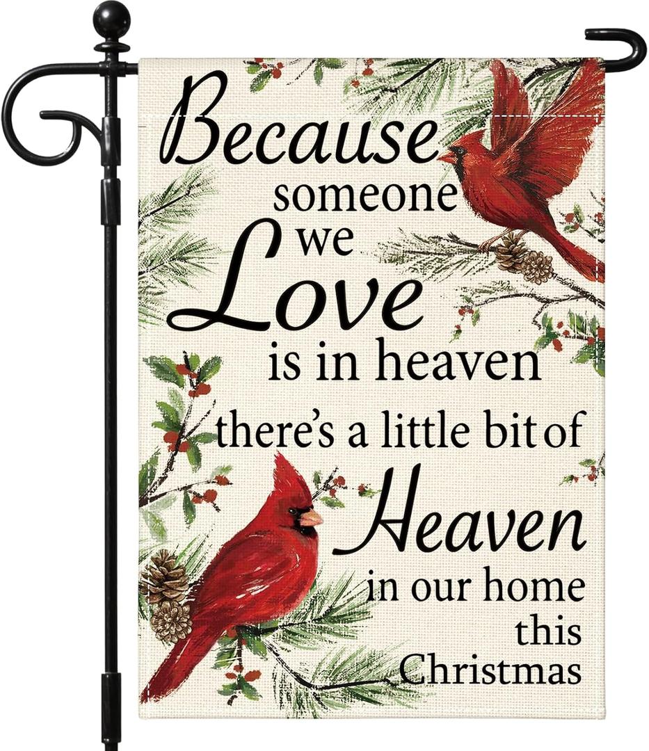 Artscope Winter Cardinal Red Birds Christmas Garden Flag 12x18 Inch Double Sided, Because Someone We Love Seasonal Outdoor Xmas Flag for Yard Farmhouse Holiday Decoration (Beige)