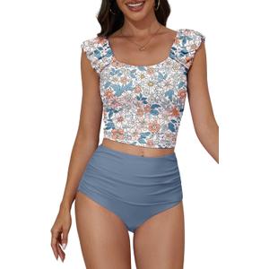 Eomenie Tankini Swimsuits for Women Ruched Tummy Control Bathing Suit Two Piece Swim Tank Top with High Waisted Bottom XL