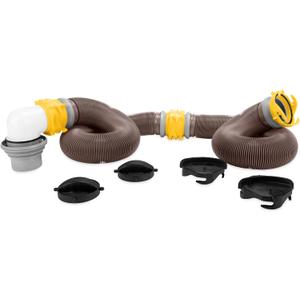 Camco Revolution 20-Ft Sewer Hose Kit - Features Translucent Elbow Fitting w/ 4-in-1 Adapter - Connects to 3 Slip or 3/3.5/4 NPT Threaded Sewer Connection (39634)