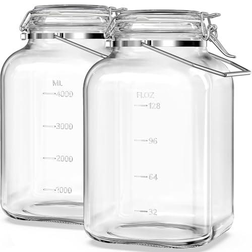 Folinstall 2 Pack 1.5 Gallon Glass Jar with Airtight Lid, 192 oz Square Wide Mouth Mason Jars with Stainless Steel Handle, Large Glass Storage Containers for Canning, Flour, Sugar, Rice, Pickled Eggs