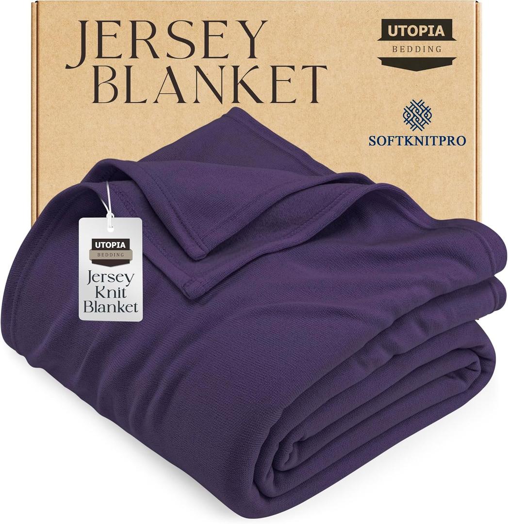 Utopia Bedding Knit Blanket Queen Size (90x90 Inches, Purple) Soft Lightweight Jersey Breathable Sweatshirt Blanket for Bed,Couch & Sofa