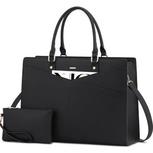LOVEVOOK Laptop Tote Bag for Women, Leather Business Office Work Bag Computer Briefcase with Small Clutch fit for 15.6 Inch Laptop,Black (17.3 inch)