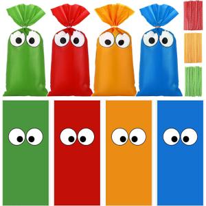 Marspark 100 Pcs Cartoon Monster Theme Bags with Ties 10.8 x 5 Inch Colorful Goodie Gifts for Kids Cellophane Bags Birthday Snack Lover Supplies for Cartoon Party Decorations