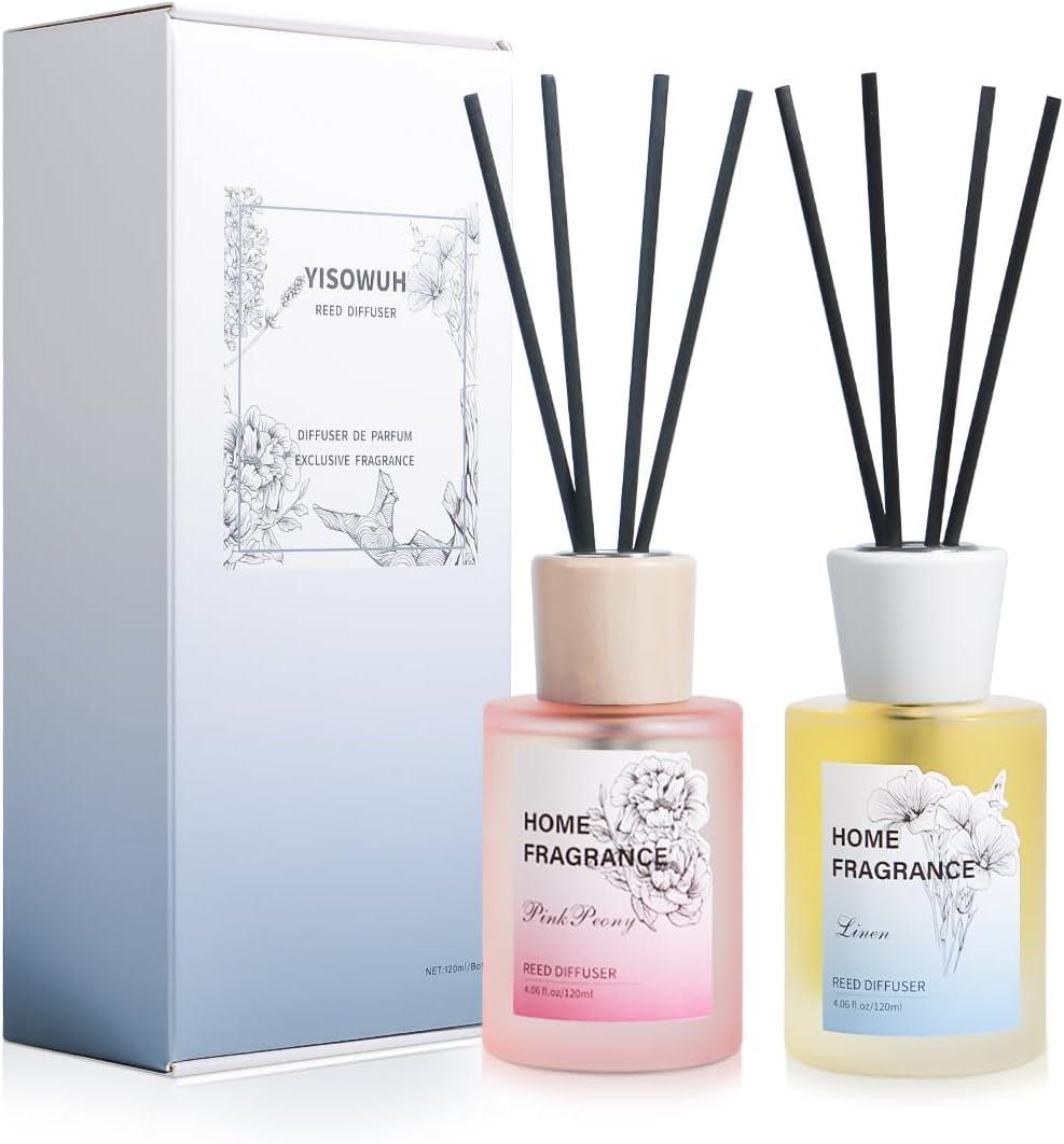 Reed Diffuser - Linen&Pink Peony 4.06oz (120ml) 2 Packs Essential Oil Reed Diffuser Set with 16 Sticks, Long Lasting Fragrance for Home, Bathroom, Bedroom, Room, Decor