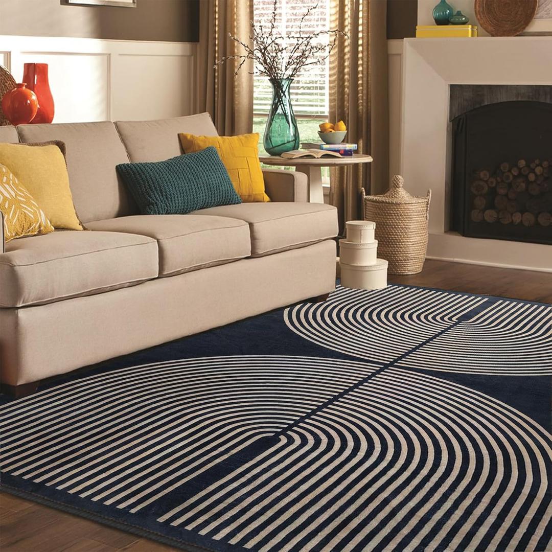 Modern Rainbow Area Rug 5x7 Black Cozy Soft Stain Resistant Non-Slip Non-Shedding Washable Rug, Farmhouse Rug for Living Room Dining Room Bedroom Balcony